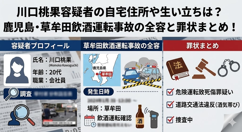 川口桃果容疑者の自宅住所や生い立ちは？鹿児島・草牟田飲酒運転事故の全容と罪状まとめ！